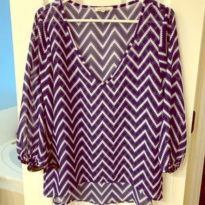 EUC Wishful Park Blue Black White Sheer Flowy Top